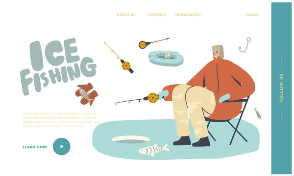 Uomo Pesca invernale Relax Hobby Landing Page Template. Pescatore personaggio in abiti caldi e paraorecchie sedersi con Rod — Vettoriale Stock