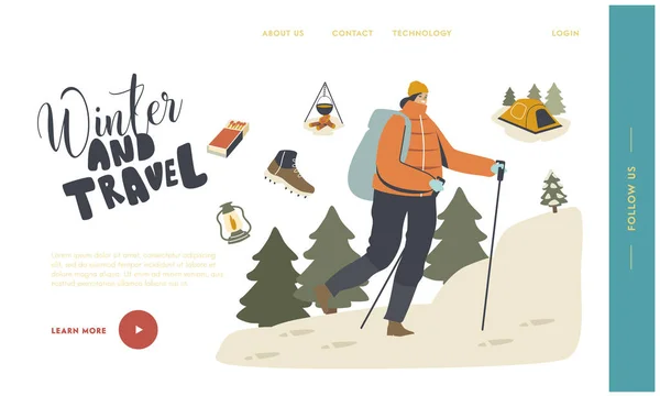 Winterwandern Landing Page Template. Backpacker weiblichen Charakter in warmer Kleidung mit skandinavischen Stöcken Spaziergang in der Natur — Stockvektor