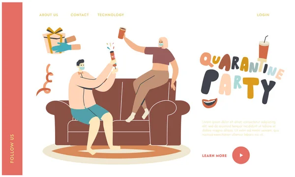 Ζευγάρι Γιορτάστε το σπίτι κόμμα κατά τη διάρκεια Covid Quarantine Landing Page πρότυπο. Οι άνθρωποι κάθονται στον καναπέ πίνοντας αλκοόλ — Διανυσματικό Αρχείο