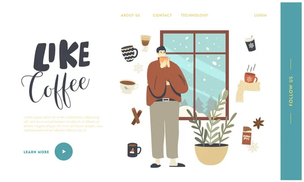 Wintertijd Reservetijd, Kerstvakantie Landing Page Template. man karakter in warme kleren genietend van warm drinken — Stockvector