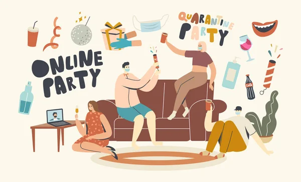 シャンパンとマスクのキャラクターは休日を祝うアルコールカクテルを飲み、オンラインでコミュニケーション — ストックベクタ