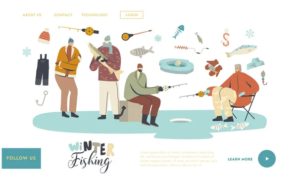 Personaggi Inverno Pesca Landing Page Template. Pescatori sedersi sul ghiaccio con Rod avendo buona cattura. Persone che catturano pesci — Vettoriale Stock