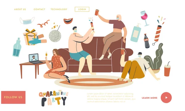 Quarentena Party Landing Page Template. Jovens personagens em máscaras seguram óculos com champanhe celebram férias on-line — Vetor de Stock