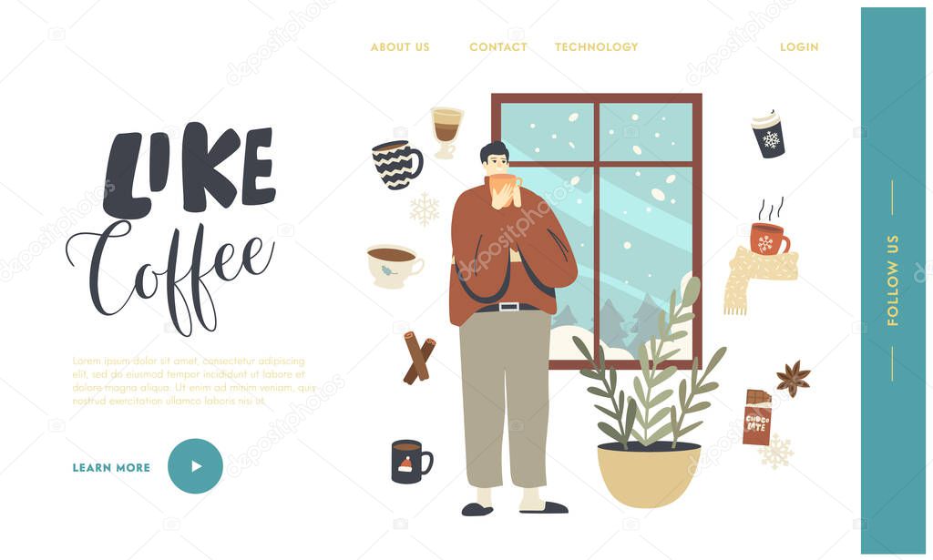 Wintertime Spare Time, Christmas Holidays Landing Page Template. Male Character in Warm Clothes Enjoying Hot Drink