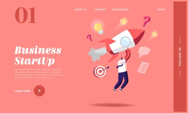 Girişim Girişimi, Rekabet İniş Sayfa Şablonu. İş Adamı Karakterleri Başarılı Olmak İçin Roket Yarışı Sürüyor