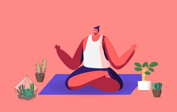 Hombre Relajado Sentado en Yoga Postura de Loto Relajándose y Meditando en Casa con Plantas Suculentas. Hombre disfrutando de la relajación — Vector de stock