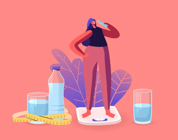 Hermosa deportista personaje en la dieta de pie en escalas de agua potable de botella refrescante después de la actividad de fitness — Vector de stock