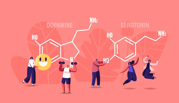 Dopamina, concepto de serotonina. Gente disfrutando de la vida cerca de la enorme fórmula. Producción hormonal en el Organismo. Personajes Saltando — Vector de stock