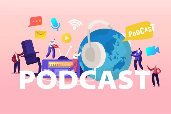 Podcast, Comic Talks o Audio Program Online Broadcasting Concept. Pequeños personajes masculinos y femeninos con micrófono — Vector de stock