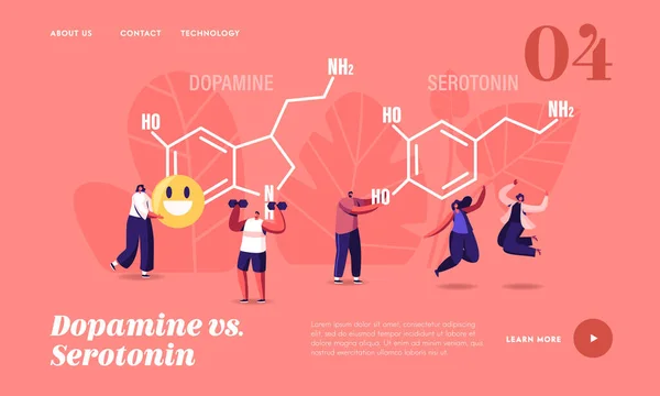 Dopamin, szerotonin leszállási oldal sablonja. Az emberek élvezik az életet a Hatalmas Formula közelében. Hormontermelés szervezetben — Stock Vector