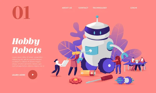 Cyborg Criando Processo, Robótica Hobby Landing Page Template. Personagens configuram um robô enorme. Inteligência artificial — Vetor de Stock