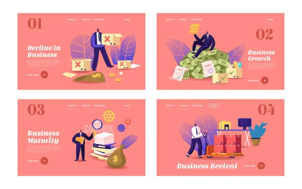 Business Lifecycle Landing Page Set di modelli. Il carattere dell'uomo d'affari raggiunge il successo dal lancio, dallo sviluppo della startup — Vettoriale Stock