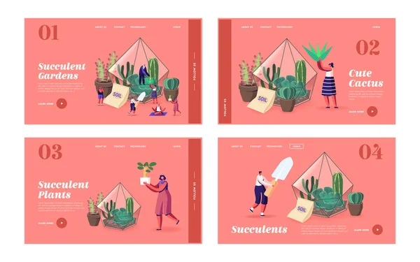 Piccoli personaggi crescono Cacti e Succulente in Pentole a Home Landing Page Template Set. Giardinaggio, Persone che piantano Hobby — Vettoriale Stock