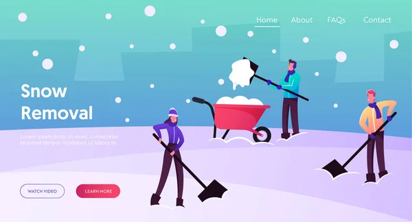 เทมเพลตหน้า Landing Page ของ Snow and Ice Removal อักขระที่มีความสุขลบหิมะลอยกับพลั่วจากพื้นสะอาดหิมะ — ภาพเวกเตอร์สต็อก