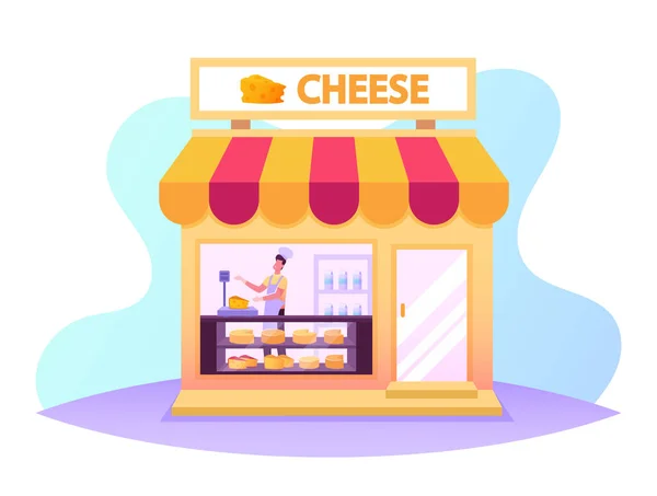 在奶酪店销售人员的工作、卖主称量和为不同生产种类的商店客户提供产品 — 图库矢量图片