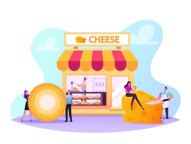 Erkek ve Kadın Karakterler Peynir Dükkanı 'nı, Satıcı Tartı ve Dükkandaki Müşteriler İçin Sunum Ürünleri' ni Ziyaret Ediyor