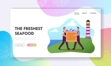 Balıkçılık Sanayi İniş Şablonu. Çalışan Tulum Giyen Balıkçılar Erkek Karakteri Deniz Burnu 'nda Çiğ Balık Taşır