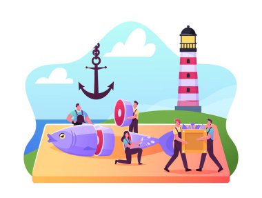 Küçük Erkek ve Kadın Balıkçı Karakterleri Deniz Feneri ve Anchor ile Kıyıdaki Taze Çiğ Balığı Kesiyor, Deniz Ürünleri Perakendecisi
