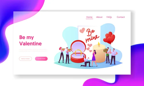 Amore, fidanzamento e matrimonio Landing Page Template. uomo stand on ginocchio holding anello making romantico proposta a donna — Vettoriale Stock