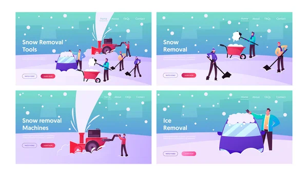 Winter Landing Page Template Set vorhanden. Glückliche Gestalten schaufeln Schnee von der Straße mit Schaufel und Schneefräse — Stockvektor