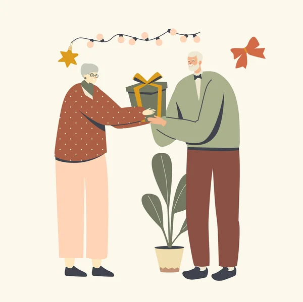 Senioren vieren kerstwisseling met geschenken. Man, vrouwelijke karakters begroeten elkaar op Kerstmis of Nieuwjaar — Stockvector