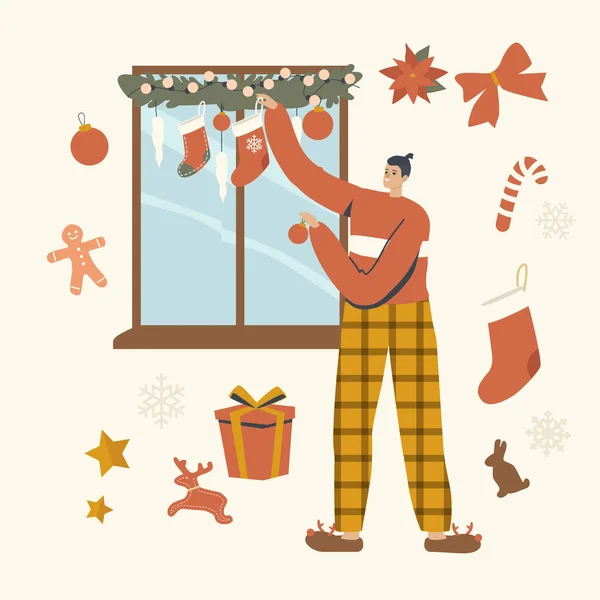 Glücklicher Mann schmückt Fenster mit Weihnachtsschmuck hängende Kugeln, Socken und Tannenzweige. Charakter bereitet sich auf Weihnachten vor — Stockvektor