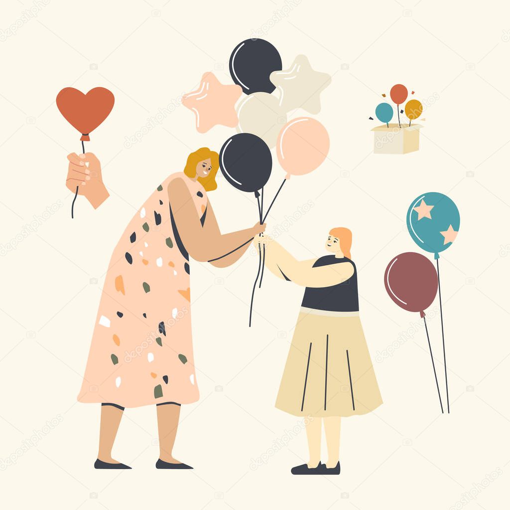 Birthday Celebration, Childhood. Woman Gives Balloon to Little Girl, Female Character, Mother or Animator Greeting Child