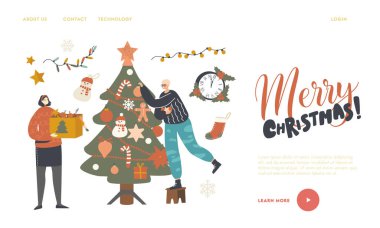 Karakterler Yeni Yıl ya da Xmas Kış Tatil sezonu Kutlama İniş Sayfası Şablonu için Hazırlanıyor. Noel Dekorasyonu