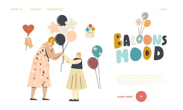 Verjaardagsfeest, Childhood Landing Page Template. vrouw geven helium ballon naar klein meisje, entertainment — Stockvector