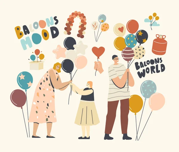 Žena dává balón malé dívce, Muž a žena dospělé postavy držení helium balónky, Zábava, Animátor — Stockový vektor