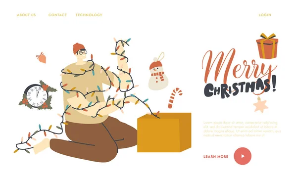 남자가 박스 랜딩 페이지 템플릿에서 크리스마스 카드를 꺼낸다. 성탄절과 성탄절에 대비하는 남성 캐릭터 — 스톡 벡터