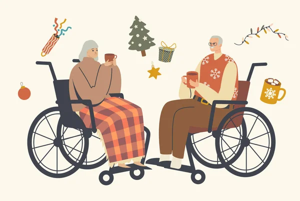 Seniors Sitting on Wheelchair Drinking Hot Beverages, Male and Female Characters Celebrate Christmas Greeting each other - Stok Vektor