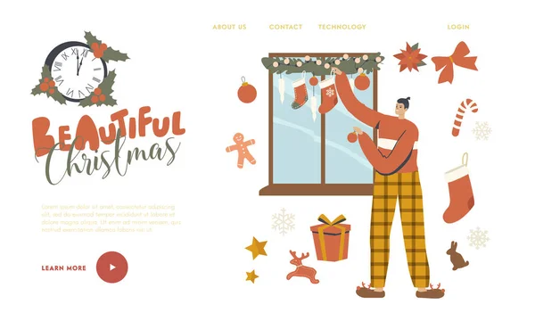 Mann dekoriert Fenster mit Weihnachtsdekoration Landing Page Template. Charaktere bereiten sich auf Silvester und Weihnachten vor — Stockvektor