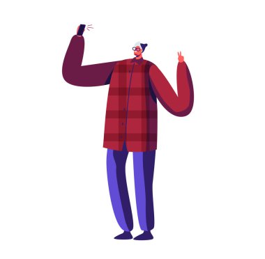 Modern Moda Genç Erkek Karakteri Smartphone 'da Selfie Çekiyor. Cep telefonunda Genç Hipster Adam Pozisyonu