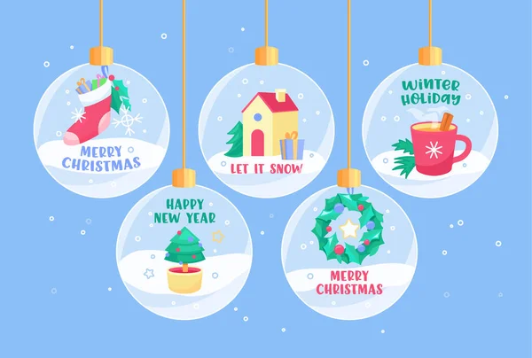 Vacaciones de invierno Tarjetas de felicitación o pancartas con tipografía en bolas de nieve o adornos decorativos, Feliz Navidad — Vector de stock