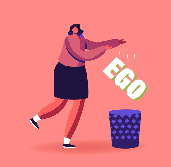 Egoísmo Evitación. Carácter femenino deshacerse del ego como mal hábito arrojar en la papelera. La mujer desarrolla y mejora la naturaleza — Vector de stock