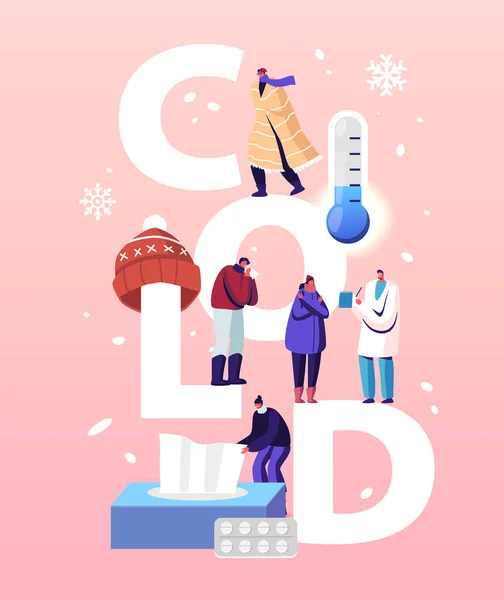 Cold, Health Care Concept. Personnages Patients Rendez-vous chez le médecin de clinique ou d'hôpital. Les malades reçoivent un traitement — Image vectorielle