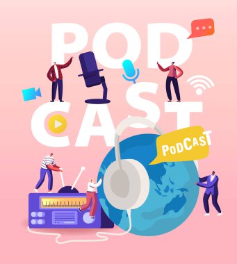 Podcast, Comic Talks veya Audio Program Online Broadcasting Concept. Minik Erkek ve Mikrofonlu Kadın Karakterler