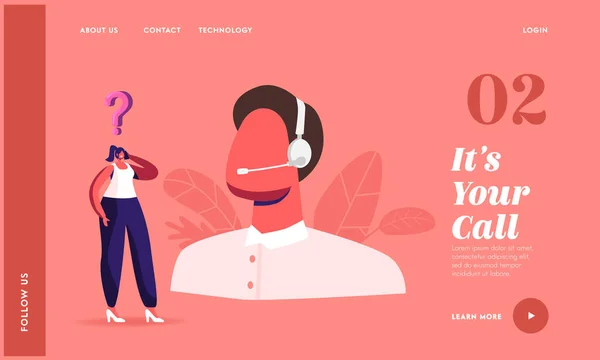 Operador en auriculares Trabajando en línea directa Ayuda Cliente Landing Page Template. Carácter femenino con móvil y pregunta — Vector de stock