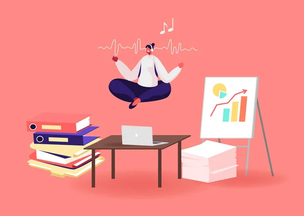 Χαλαρωμένη Επιχειρηματίας Χαρακτήρας Κάνοντας Διαλογισμό Γιόγκα σε Lotus Posture στο χώρο εργασίας γραφείου Πετώντας πάνω από το γραφείο, Χαλάρωση — Διανυσματικό Αρχείο