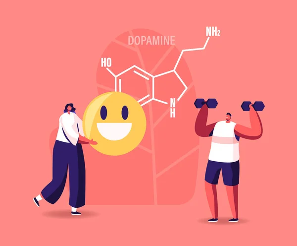 Concept de dopamine. Personnages appréciant la vie due à la production d'hormones dans l'organisme. Activités Sportives Exercice, Sourire, Réjouir — Image vectorielle