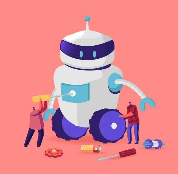 Personagens masculinos minúsculos fazendo robô enorme em casa ou laboratório de ciência. Robótica Hobby, Empresa de Engenharia Científica — Vetor de Stock