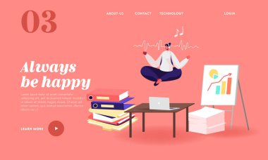 İşçi Rahatlama İniş Sayfa Şablonu. Rahat İş kadını Karakteri Ofiste Lotus Duruşunda Yoga Meditasyonu Yap