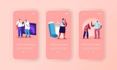 Pulmonoloji, Astım Hastalığı Mobil Uygulama Sayfası Ekran Şablonu. Dev Ciğerlerdeki Küçük Karakterler Xray ve astım spreyi