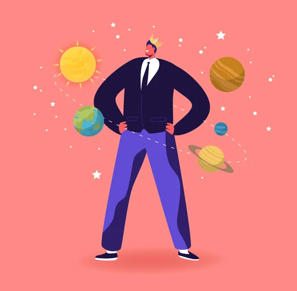 Ego, comportamiento narcisista del amor propio. Personaje masculino en Crown Imagínese a sí mismo como Centro del Universo con Planetas alrededor — Vector de stock