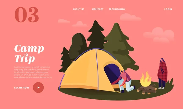 Camping Landing Page Template. Carattere uomo allestito tenda per trascorrere del tempo al campo estivo nella foresta, vacanza, escursionismo — Vettoriale Stock