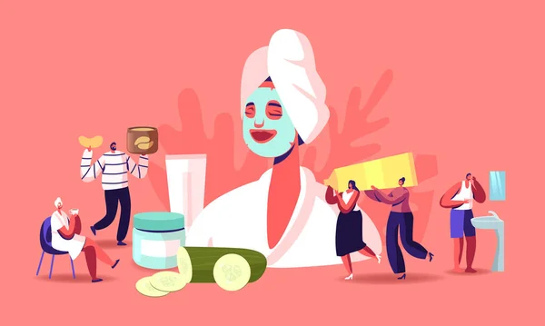 面罩、黄瓜片和奶油罐子的巨大女人身边的微小人物。面部皮肤护理及治疗 — 图库矢量图片