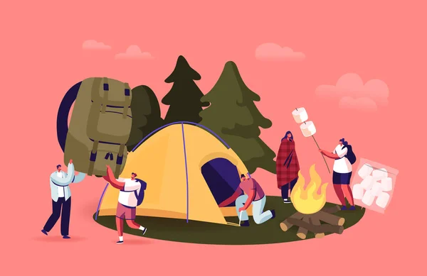 Los jóvenes pasan tiempo en el campamento de verano en Deep Forest. Turistas Company Characters Instalar tienda de campaña, Freír malvavisco — Vector de stock