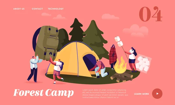 As pessoas passam tempo no acampamento em Forest Landing Page Template. Personagens da empresa de turismo configuram tenda, marshmallow de fritura —  Vetores de Stock