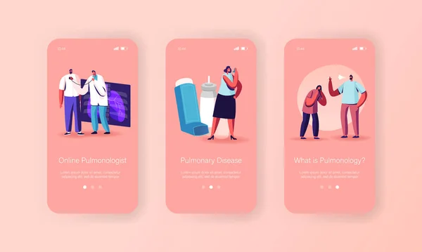 Pulmonology, Asthma Disease Mobile App Page Onboard Screen Template (dalam bahasa Inggris). Karakter Tiny di Huge Lungs Xray dan Inhaler - Stok Vektor